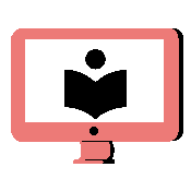  A pink computer monitor showing a person with a book