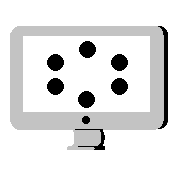 a grey computer with a circle of heads meeting on the screen