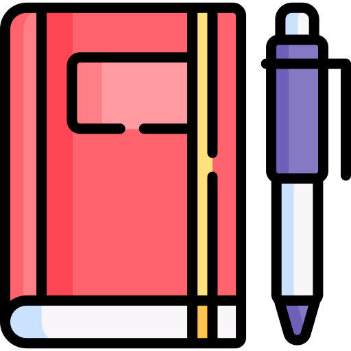 A red journal and pen.